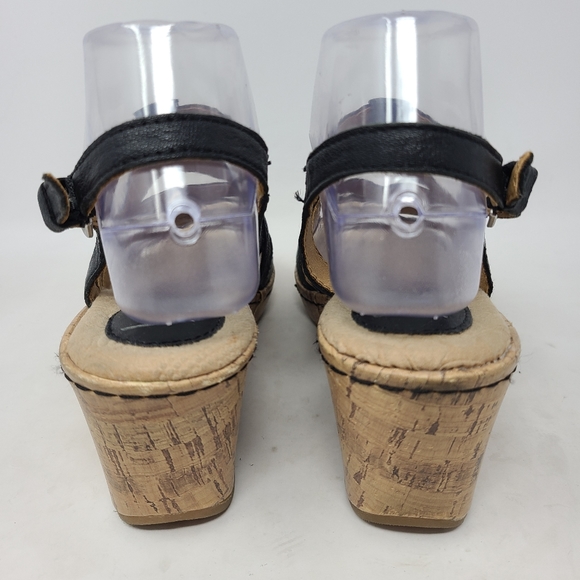 Born Boc Black Leather Cork Wedge Platform Sandals - Picture 6 of 7